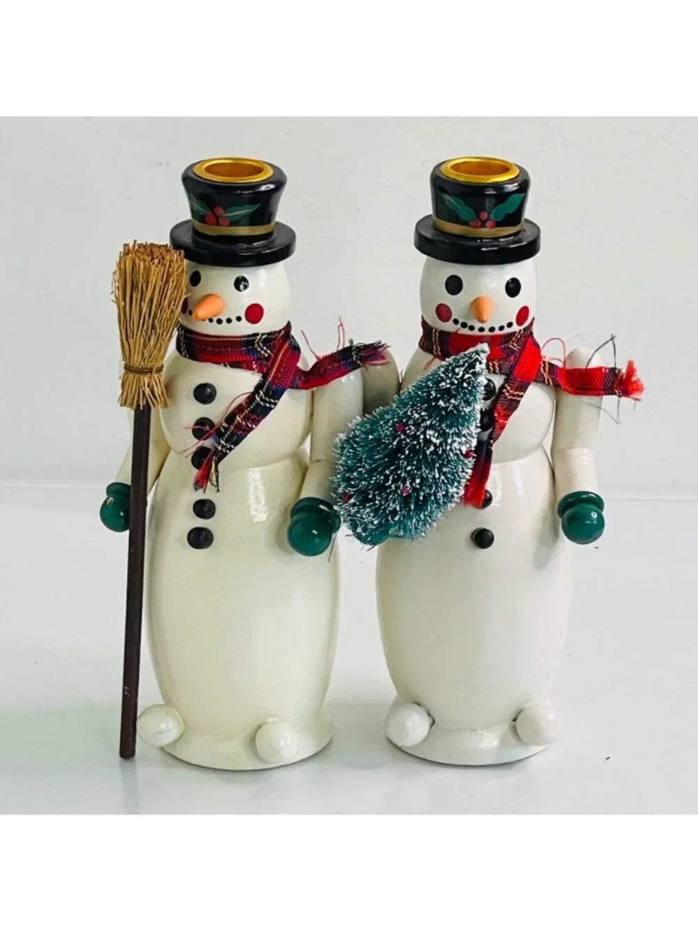 Vintage 1990s Christmas Wooden Snowman Candlestick Holder Taper 9